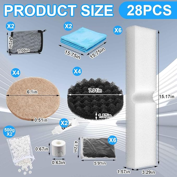 Threlaco 28 Pcs Aquarium Media Kit Compatible with Fluval Fx4/ Fx5/ Fx6 Filter, Carbon Foam Pad, Ammonia Remover Pads, Activated Carbon, Foam Block, Silicone Lube, Towels, Ceramic Ring, Mesh Bag