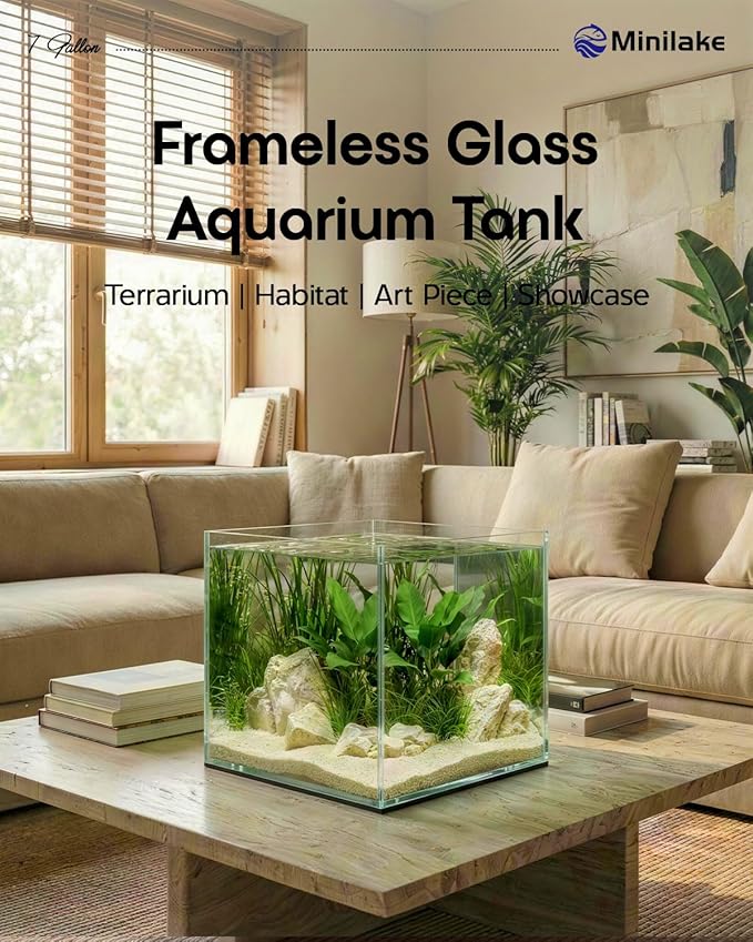 7 Gallon Clear Glass Fish Tank, Cube Aquarium Fish Bowl Ultra Clear Rimless Design for Betta Goldfish Snails Shrimp Aquatic Planting