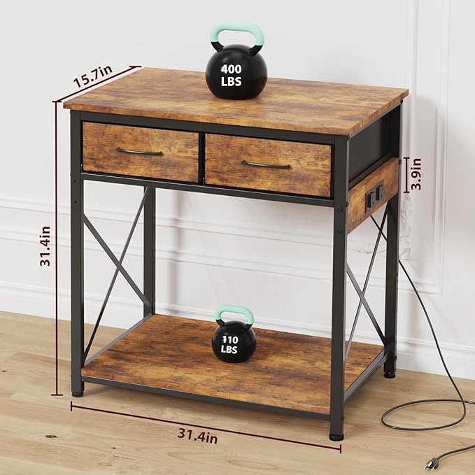 20-29-37Gallon Fish Tank Stand with Power Outlet, Heavy Duty Metal Aquarium Stand with Two Storage Drawers for Fish Tank Accessories Storage, Perfect for Turtle Tank, Reptile Terrarium, Brown