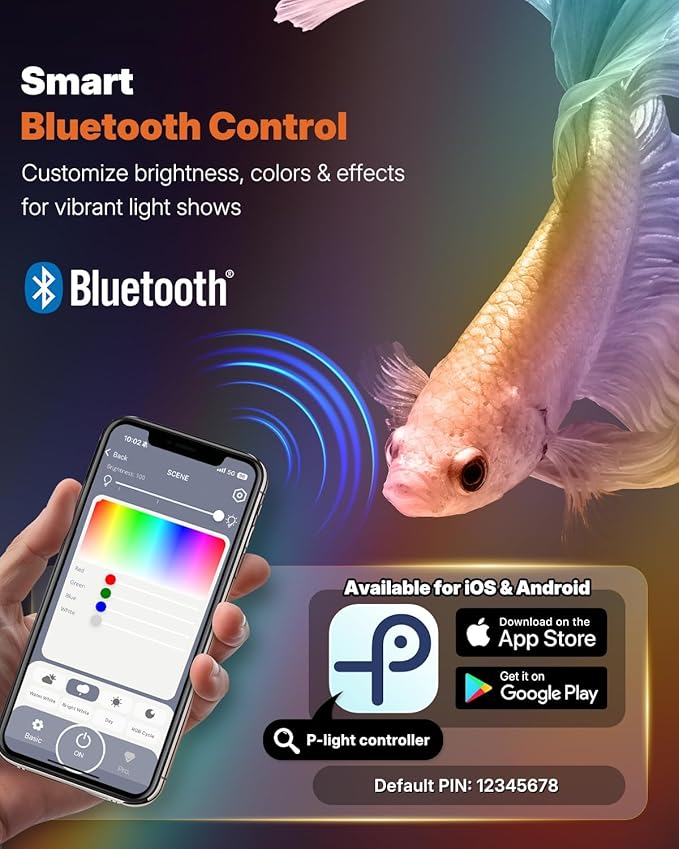 Pawfly Aquarium Light with Bluetooth for Plants, 8W 16 inch Full Spectrum Fish Tank Light for 17-30 inch Fish Tanks, Submersible LED Lights with App Control, Timer Modes & Adjustable Brightness
