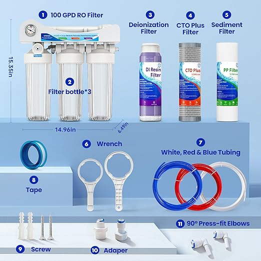 4 Stage Reverse Osmosis Deionization Water Fliter System, with Pressure Gauge and Deionization Water Filter, RO/DI Water Filtration System with Flushing Valve，100 GPD