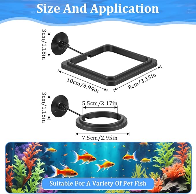 2Pcs Fish Feeding Ring for Aquarium, Aquarium Feeding Ring, Black Turtle Feeding Ring with Suction Cup, Square & Round Floating Food Feeder for Betta, Goldfish, Guppy, Turtle & Small Fish