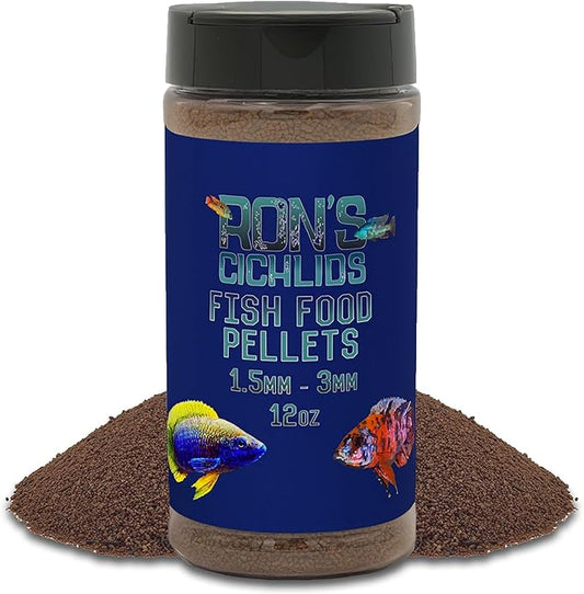RON'S CICHLIDS African Cichlid Fish Food, Premium Tropical Fish Food Pellets with Protein, Veggies & Fruits for Healthier, Brighter & Bigger Tropical Fish & Cleaner Tanks, Mbuna Blend, 12 OZ