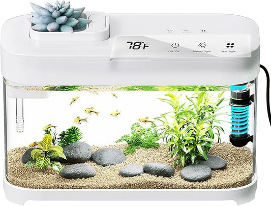 Smart Fish Tank 3 Gallon Aquarium Kit with Heater, Temperature Monitor, 3 Stage Filtration, 8 Color Lighting, Self Cleaning Small Betta Tank Acrylic