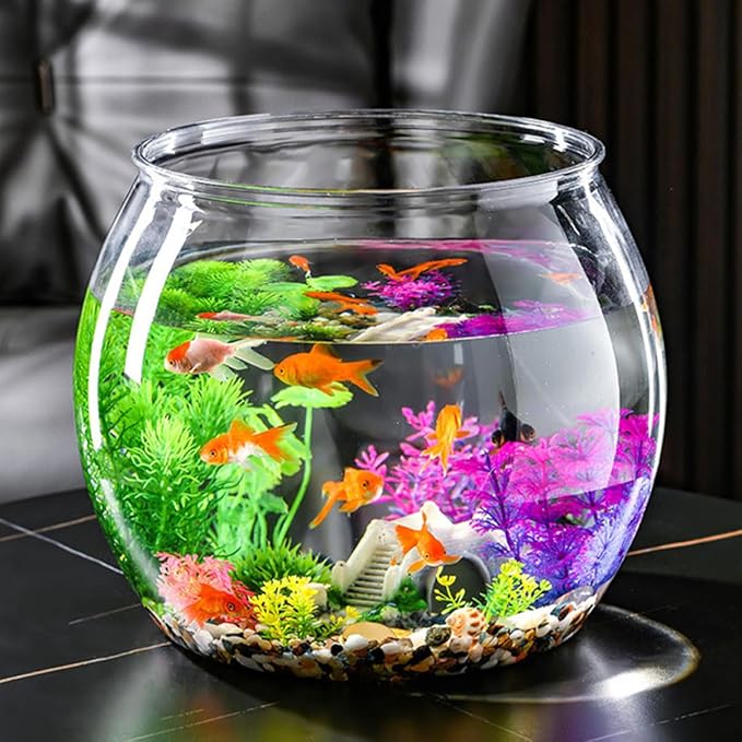 BESTonZON Transparent Goldfish Tank 5.5 Inch Clear Round Fish Bowl for Small Turtles Betta Fish Desktop Aquarium and Decorative Shallow Tank for Office and Home
