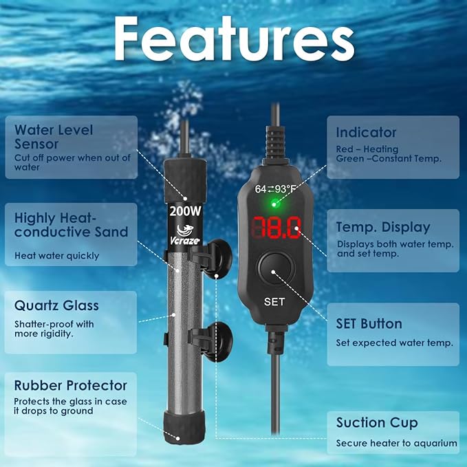 200W Compact Aquarium Heater for 20-40 Gallon Tanks | Submersible Fish Tank Heater with LED Digital Thermostat, Dry-Run & Overheat Protection, Memory Function