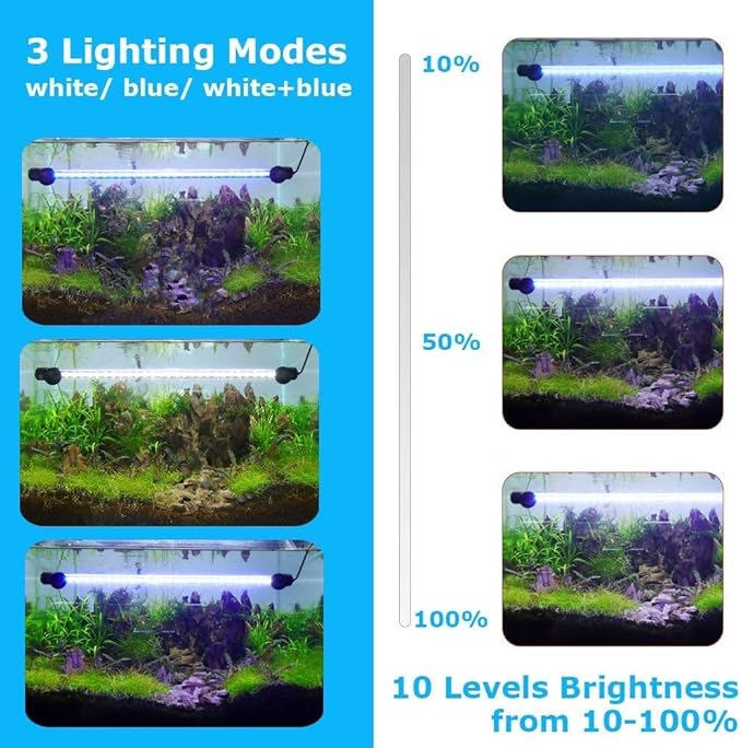 Aquarium Light for Fish Tank,Auto on/Off Submersible White and Blue Aquarium Plant Light with Timer and dimming Function (7.5 inch （Timer & Dimming Function)