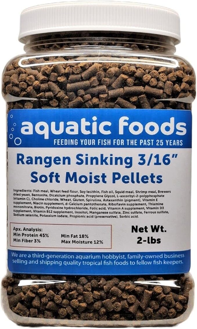 3/16" Soft Moist Sinking Salmon Pellets for Adult Axolotls, Shrimp, Snails, Crabs, Small Amphibians, Bottom Tropical Fish...2-lb Med Jar