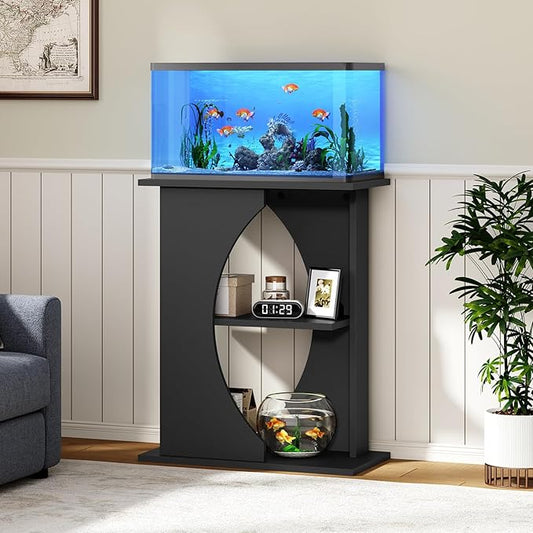 MAHANCRIS 10 Gallon Fish Tank Stand, Wooden Aquarium Stand with 3-Tier Storage Shelves, Heavy Duty Turtle Reptile Terrarium Tank Stand for Home Office, 23.6" L x 11.8" W x 29.9" H, Black FTBK7601
