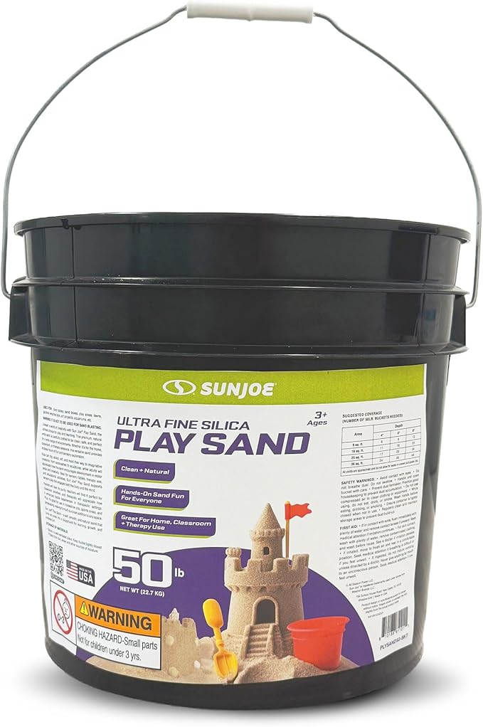 Sun Joe Ultra Fine Silica Play Sand for Sandboxes, Sensory Tables, Gardens, Weighted Toys & Aquariums, for Molding, Digging & Sculpting, 50 Pound Bucket, PLYSAND50-BKT