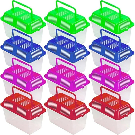 Fun Express - Clear Plastic Aquariums with Colored Lids - Amphibia Container Tortoise Living Tank Goldfish - Aquarium Handle Small World Habitat - 12 Pieces