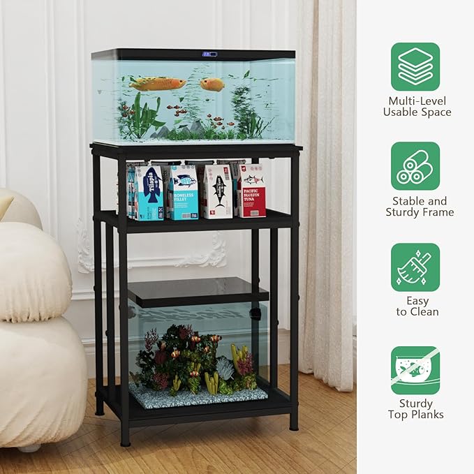 Fish Tank Stand, 3-Tier Aquarium Stand Reptile Tank Stand Heavy Duty Terrarium Stand for Home Office, Black, 5-10 Gallon