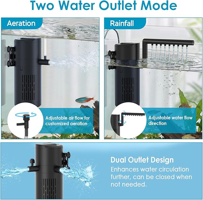 Aquarium Filter for 10-20 Gallon Tanks, Internal Fish Tank Filter, Submersible Turtle Tank Filter, with Aeration/Rainfall Modes and Dual Water Outlet