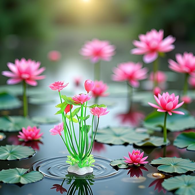 Pink Artificial Water Plants, Aquatics Grass Flower Simulation Wedding Favors Plastic Artificial Lotus Fish Tank Ornament Aquarium Décor Plastic Plants for Party Fish and Aquatic Pets