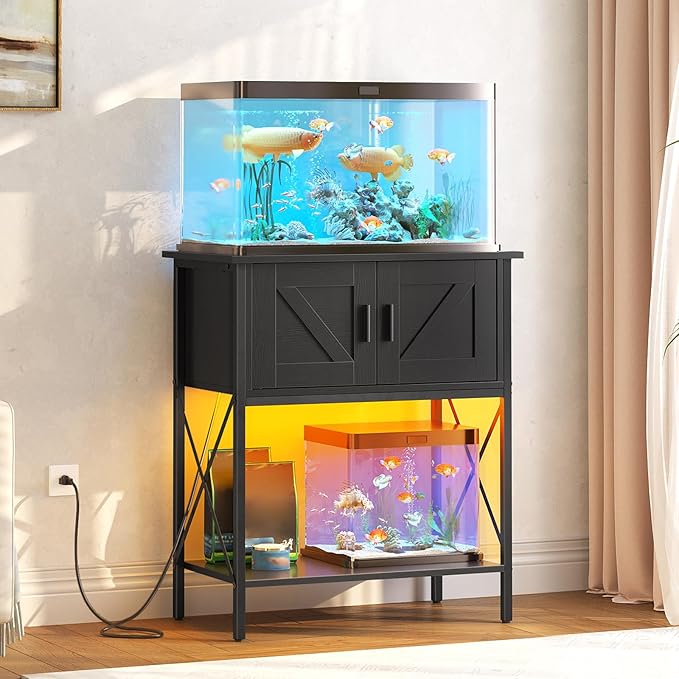 HOOBRO 20 Gallon Fish Tank Stand with Power Outlets and LED Light, Metal Frame Aquarium Stand, Reptile, Turtle Tank Stand with Cabinet Storage, 27.6'' L x 15.7'' W, 300 LBS Capacity, Black BB40UDFT01