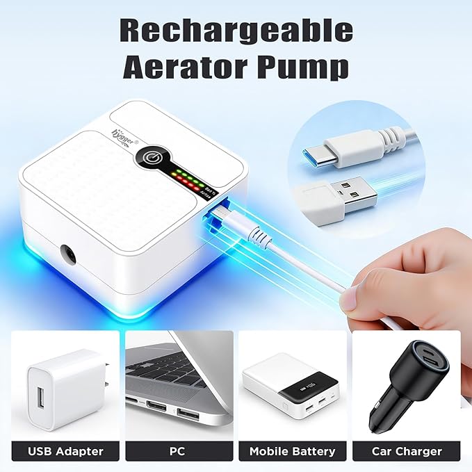 hygger USB Rechargeable Aquarium Air Pump, Battery Powered Quiet Oxygen Pump, Portable Aerator with Air Stone, Adjustable Air Flow with Clip for Bait Bucket, Outdoor Fishing and Power Outages