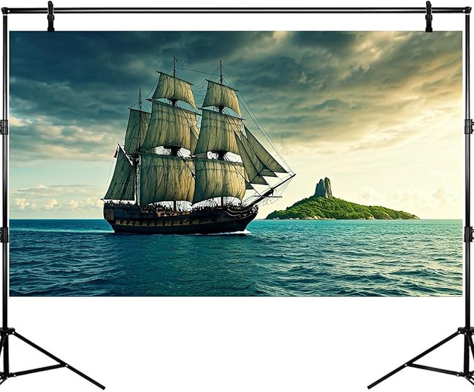 Black Pearl Pirate Ship Aquarium Background Steampunk Artistic Sailboat Caribbean Sea Fish Tank Background Tropical Island Menacing Clouds Seascape Terrarium Backgrounds for Tank Decors 72x18in