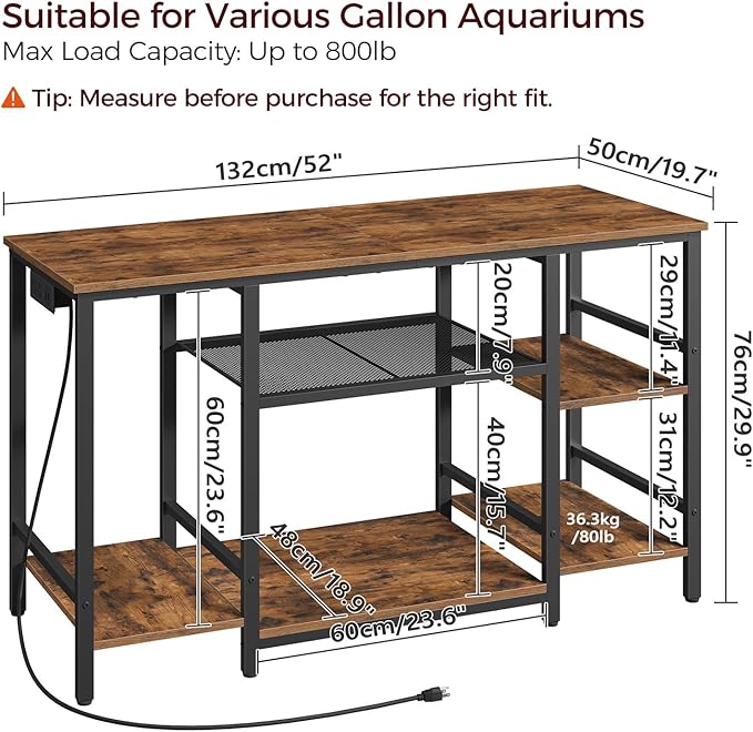 MAHANCRIS 55-75 Gallon Fish Tank Stand with Power Outlet, 3-Tier Metal Frame Aquarium Stand, Heavy Duty Reptile Terrarium Tank Stand, 52.0"L x 19.7"W x 29.9"H, 800 LBS Capacity, Rustic Brown FTHR55E01