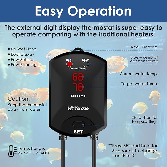 Aquarium Heater 500W Fish Tank Heater with External Thermostat (Dual Digital Display), Turtle Heater for Tanks 75-120 Gallons, Dry-Run/Overheating Protection and Memory Function