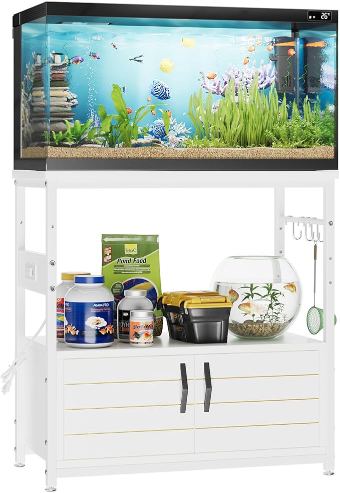 Bestier 20-29 Gallon Fish Tank Stand with Power Outlets, Metal Long Aquarium Stand with Storage Cabinet, 31x15 Reptile Terrarium Stand with Horizontal Gold Line, Stainless Hooks, 350 Lbs(White)