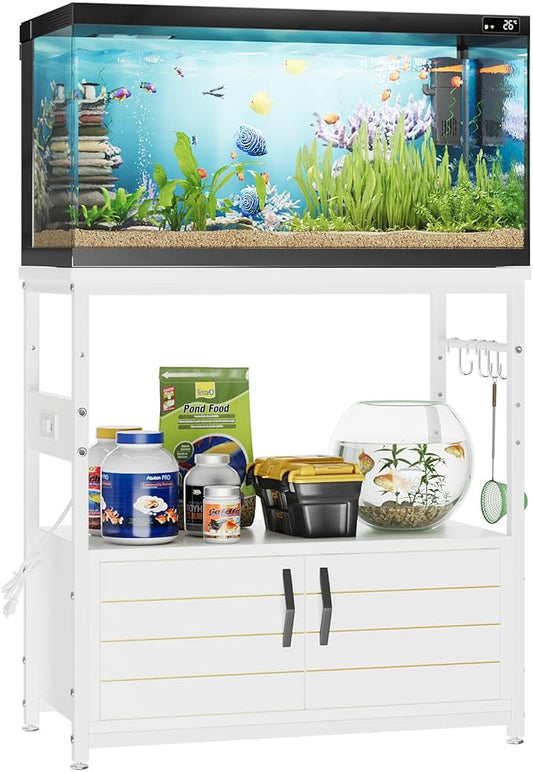 Bestier 20-29 Gallon Fish Tank Stand with Power Outlets, Metal Long Aquarium Stand with Storage Cabinet, 31x15 Reptile Terrarium Stand with Horizontal Gold Line, Stainless Hooks, 350 Lbs(White)