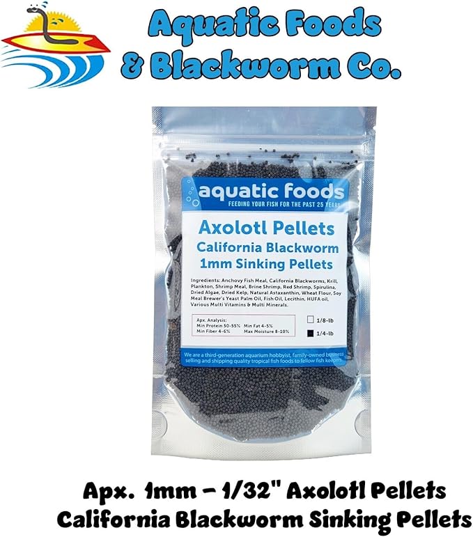 Axolotl Blackworm Pellets. 1mm-1/32 Sinking California Blackworm Micro Pellets for Baby Axolotl, Frogs, Shrimp, Salamanders, Newts, Snails…1/4-lb Pouch Bag