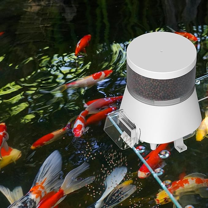 Automatic Pond Fish Feeder, Programmable Bluetooth APP Timer, Battery and USB 5V Powered, Large Outdoor Rainproof Koi Fish Feeder, Capacity 4L White, WP8623B
