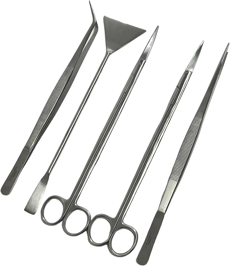 GERMAN FISH AQUARIUM CLEANING KIT STAINLESS 5PCS WITH POUCH BASIC TOOLS SCISSORS TWEEZERS SPATULA CYNAMED