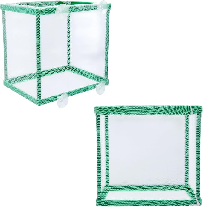 MY MIRONEY 2PCS 6.69" x 5.04" x 6.38" Fish Tank Breeder Green Nylon Fish Incubator Mesh Box Aquarium Fish Fry Hatchery Breeder with Suction Cups