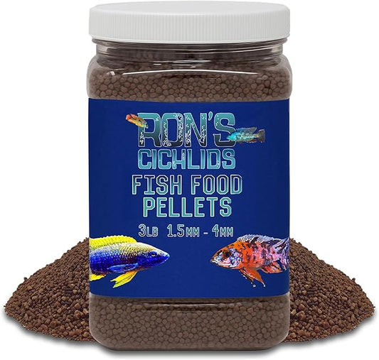 RON'S CICHLIDS Adult African Cichlid Fish Food Pellets – USA Made Slow Sinking Cichlid Pellets & Sticks Feed, Low Fillers, Ideal for Cichlid Food, Koi, Goldfish, Pleco, Oscar & Tropical Fish, 3 LB