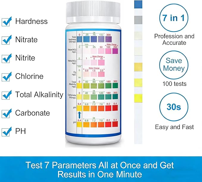 Aquarium Test Strips for Freshwater Fish: 7 in 1 Fish Tank Water Testing Kit for Aquarium Pond - Accurate Testing Nitrate Nitrite Hardness Free Chlorine pH Carbonate Total Alkalinity-100 Strips