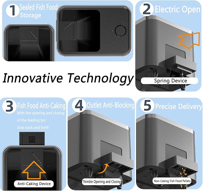 WiFi Automatic Fish Feeder for Aquarium, Food Dispenser for Fish Tank with App Control, USB Powered, Suitable for Small Tank Pelleted Food, Black