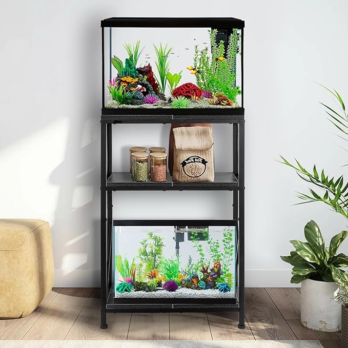 SwaaVee 10 Gallon Fish Tank Stand, Heavy-Duty 3-Tier Metal Storage Cabinet, Rustic Brown Aquarium Stand for Fish, Turtle & Reptile Terrariums (Rustic Black)