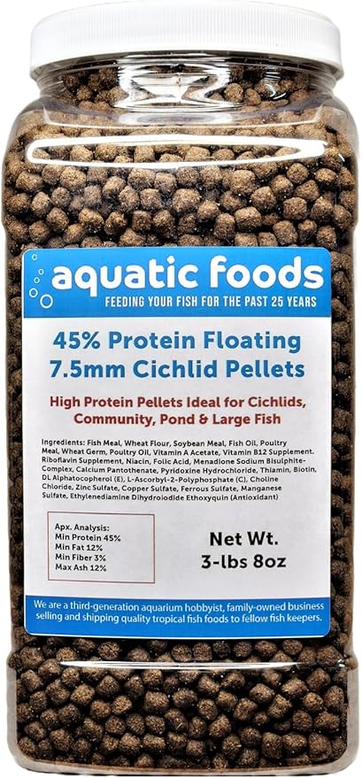Cichlid Pellets, 45% Protein Floating 7.5mm Pellets for Larger Oscars, Central American, South American Cichlids …3-lb 8oz Lg Jar