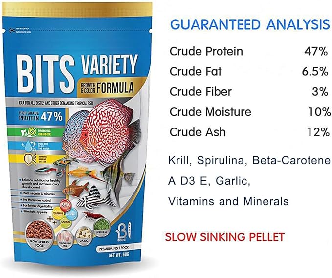 A.D.P. Fish Booster Bits Variety All Discus & Tropical Fish Food Mini Slow Sinking Pellets Grow Faster & Color Enhancing High Protein 47% for Goldfish & Aquarium Tropical Fish 60 g. Small Fish Feed