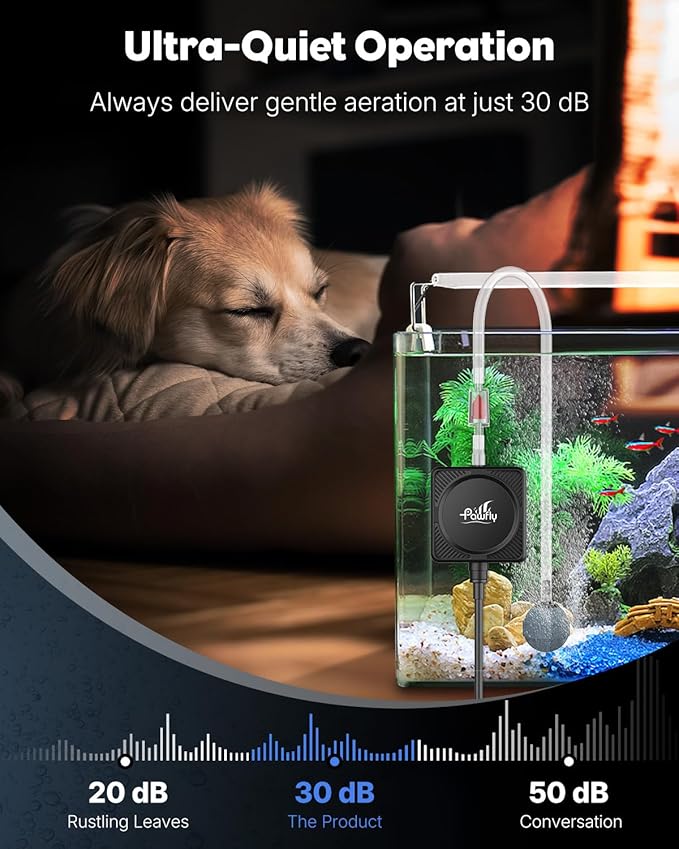 Pawfly Nano Silent Aquarium Air Pump, Mini Bubbler with Accessories, 1.3 W Portable Oxygen Aerator for 1-15 Gallon Fish Tanks, 450 mL/min