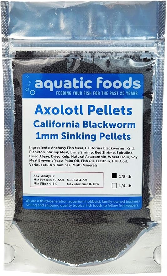 Axolotl Blackworm Pellets. 1mm-1/32 Sinking California Blackworm Micro Pellets for Baby Axolotl, Frogs, Shrimp, Salamanders, Newts, Snails…1/8-lb Pouch Bag