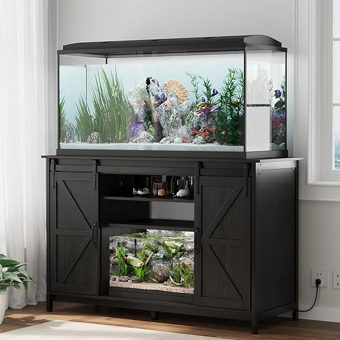 VOWNER Farmhouse 55-75 Gallon Fish Tank Stand with Power Outlet, Aquarium Stand with Storage Cabinet and Sliding Barn Door, Heavy Duty Reptile Tank Stand, for 2 Tanks, 1000LBS Capacity, Black