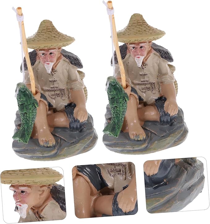 2pcs Fisherman Figurine Garden Decoration Realistic Resin Ornaments for Aquarium and Sand Table Decor for Indoor and Outdoor Use Random