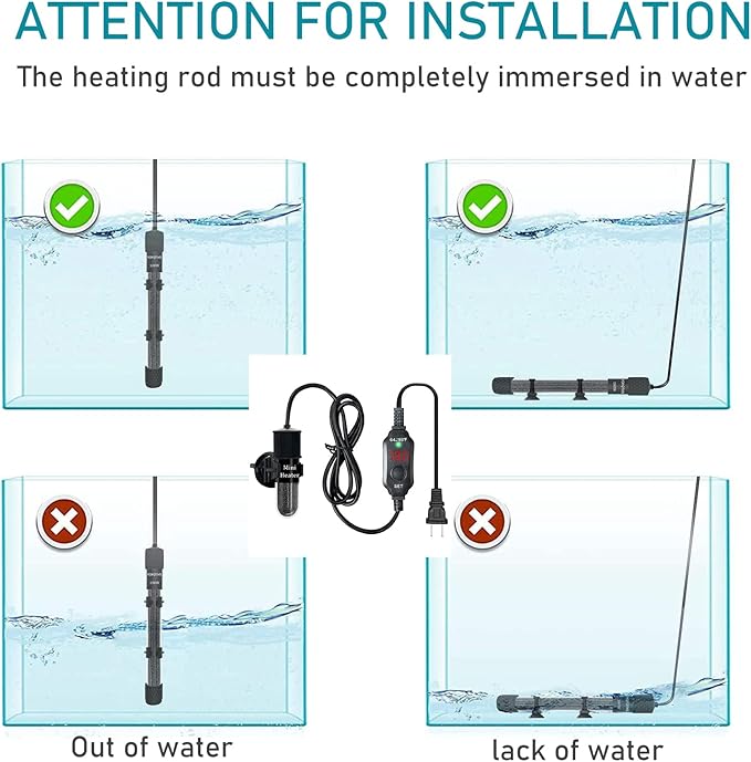Mini Submersible Aquarium Heater, 25/50/100/150/200/300 Watts Adjustable Fish Tank Heater, Built-in Thermometer, External Temperature Controller, Smart Memory, Used for 1-60 Gallons (20W Plug)