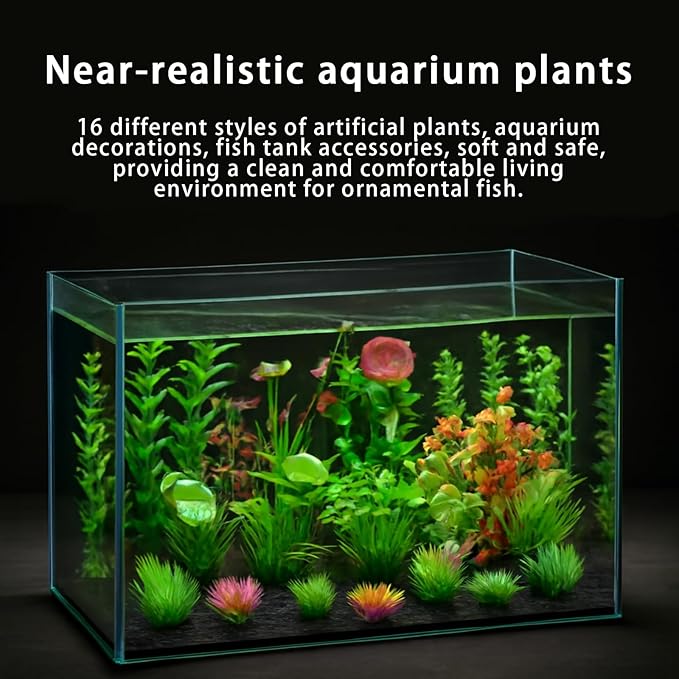 16-Piece Artificial Aquarium Plants Set – Vibrant, Realistic Fish Tank Decorations for Aquariums, Reptile Terrariums, and Aquatic Landscapes