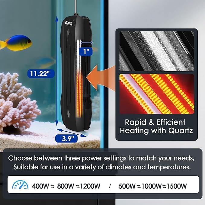 hygger Aquarium Heater Adjustable Triple-Power, Submersible Fish Tank Heater Four Season Power Change, with Digital Controller Abnormal Error Stop Protection for Freshwater Saltwater (500-1000W-1500W)