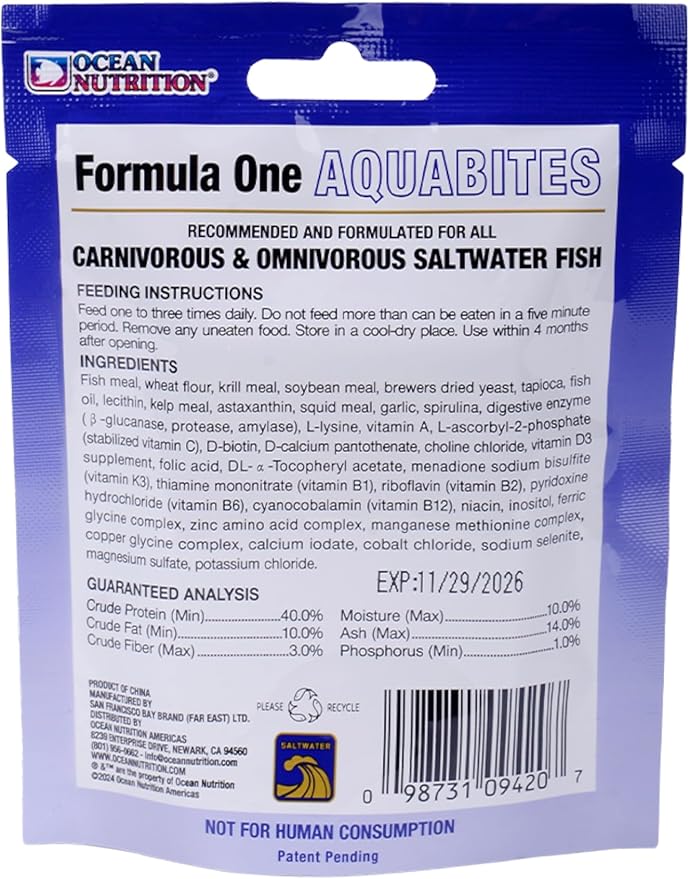 Ocean Nutrition Fish Food Formula One Aquabites for Saltwater Fish - High Protein (40%) Tropical Fish Food, Container Easy Feeding, Fish Food Flakes Alternative, 0.7 oz (20 g), Small Pellet