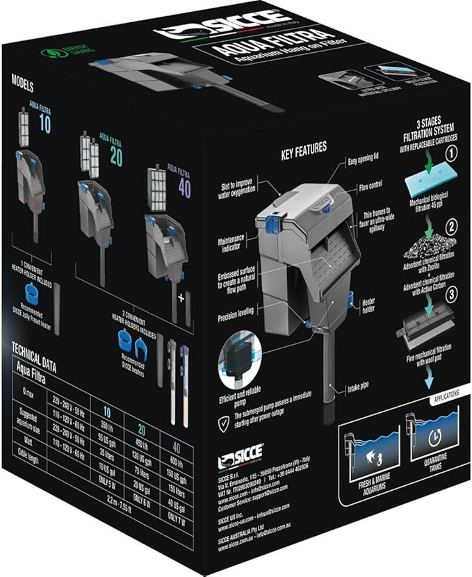 Sicce Aqua Filtra 20 Hang On Back Aquarium Fish Tank Power Filter Up to 20 Gallon Aquariums - Quiet 3-Stage HOB for Freshwater & Saltwater