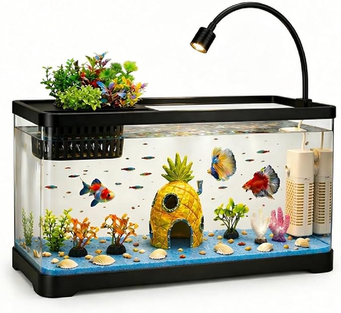 5 Gallon Fish Tank Aquarium Starter Kit with Filter and Light, All in One Small Fish Tank for Betta, Kids & Desktop Use, Self Cleaning Nano Aquarium with Lid(Large Black)
