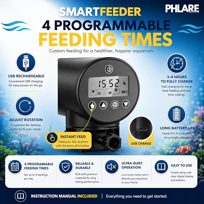 Automatic Fish Feeder – Rechargeable USB-C Timer Feeder for Aquariums & Fish Tanks | Vacation & Weekend Feeding | Flakes Pellets & Granules | 200ml Capacity | Freshwater & Saltwater