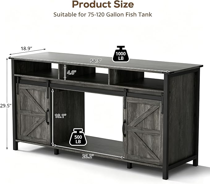 VOWNER 75-120 Gallon Fish Tank Stand with Power Outlet, Farmhouse Aquarium Stand with Storage Cabinet & Sliding Barn Doors, Heavy Duty Reptile Tank Stand, for 2 Tanks, 1000LBS Capacity, Grey