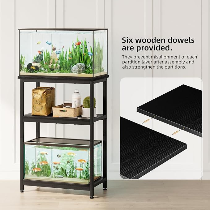 APPOLYN 5-10 Gallon Fish Tank Stand, Metal Aquarium Stand with Storage, 3-Tier Shelf Tank Stand, 10 Gallon Fish Tank Stand with 20.5" L x 11.4" W Tabletop, Black