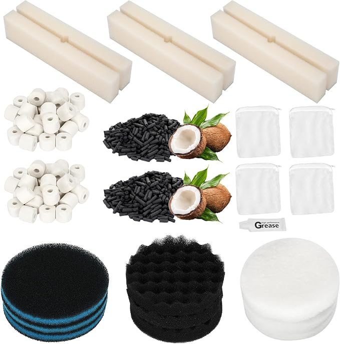 24 PCS Fx6 Aquarium Media Kits, Compatible with Fluval FX4/FX5/FX6 Canister Filters, Including Bio-Foam Block, Carbon Sponge Filter, Ceramic Ring, Silicone Lubricant, Activated Carbon, Mesh Bag