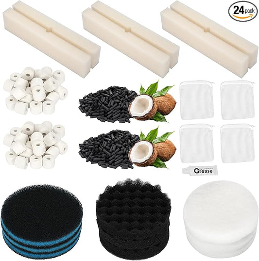 24 PCS Fx6 Aquarium Media Kits, Compatible with Fluval FX4/FX5/FX6 Canister Filters, Including Bio-Foam Block, Carbon Sponge Filter, Ceramic Ring, Silicone Lubricant, Activated Carbon, Mesh Bag